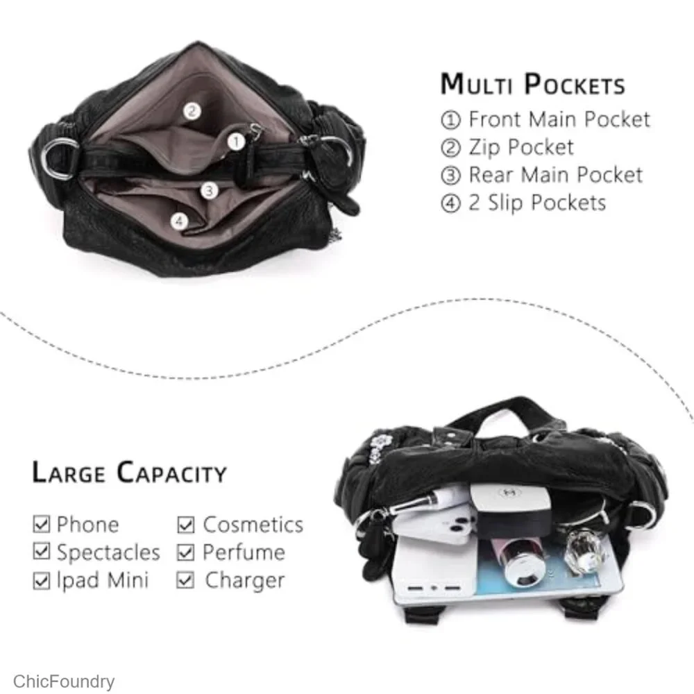 Small Vegan Leather Hobo Tote Bag with Multi-Pocket Design Adjustable Strap